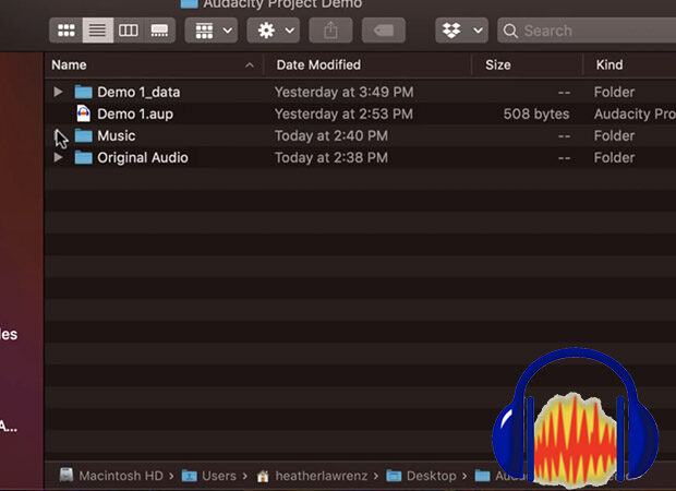 Image of finder window folder with music, import folders and aup audacity project folders.