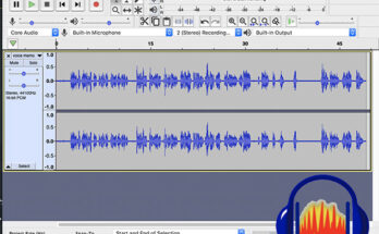 Screen shot of audacity interface with logo over it in bottom right corner