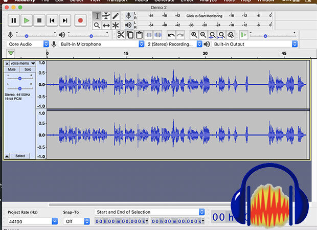 Screen shot of audacity interface with logo over it in bottom right corner