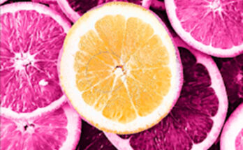 Photo of orange slices with pink tint applied and one orange slice in middle.