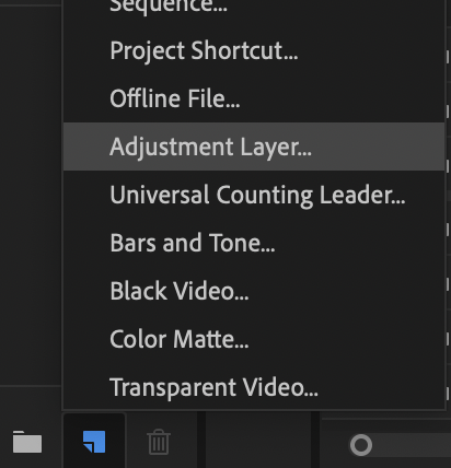 Image of New Item menu to add an adjustment layer