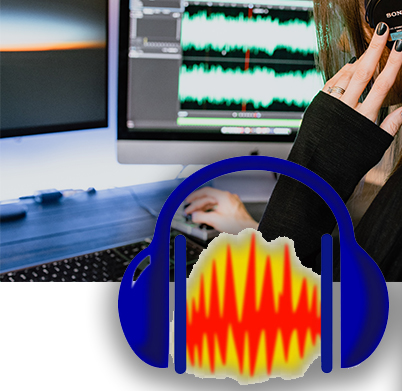 Image of audio editing with audacity logo on top