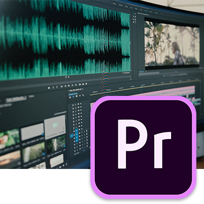 Image of video editing in Premiere with Premiere logo on top