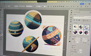 Image of laptop with planets generated on screen in Illustrator