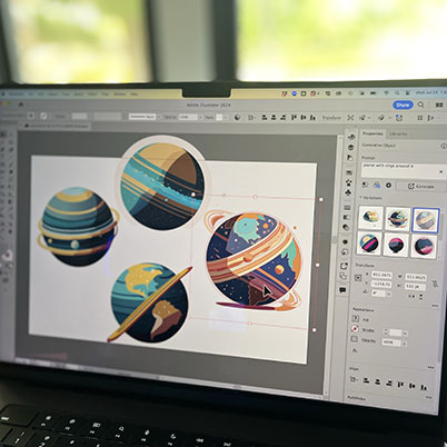 Image of laptop with planets generated on screen in Illustrator