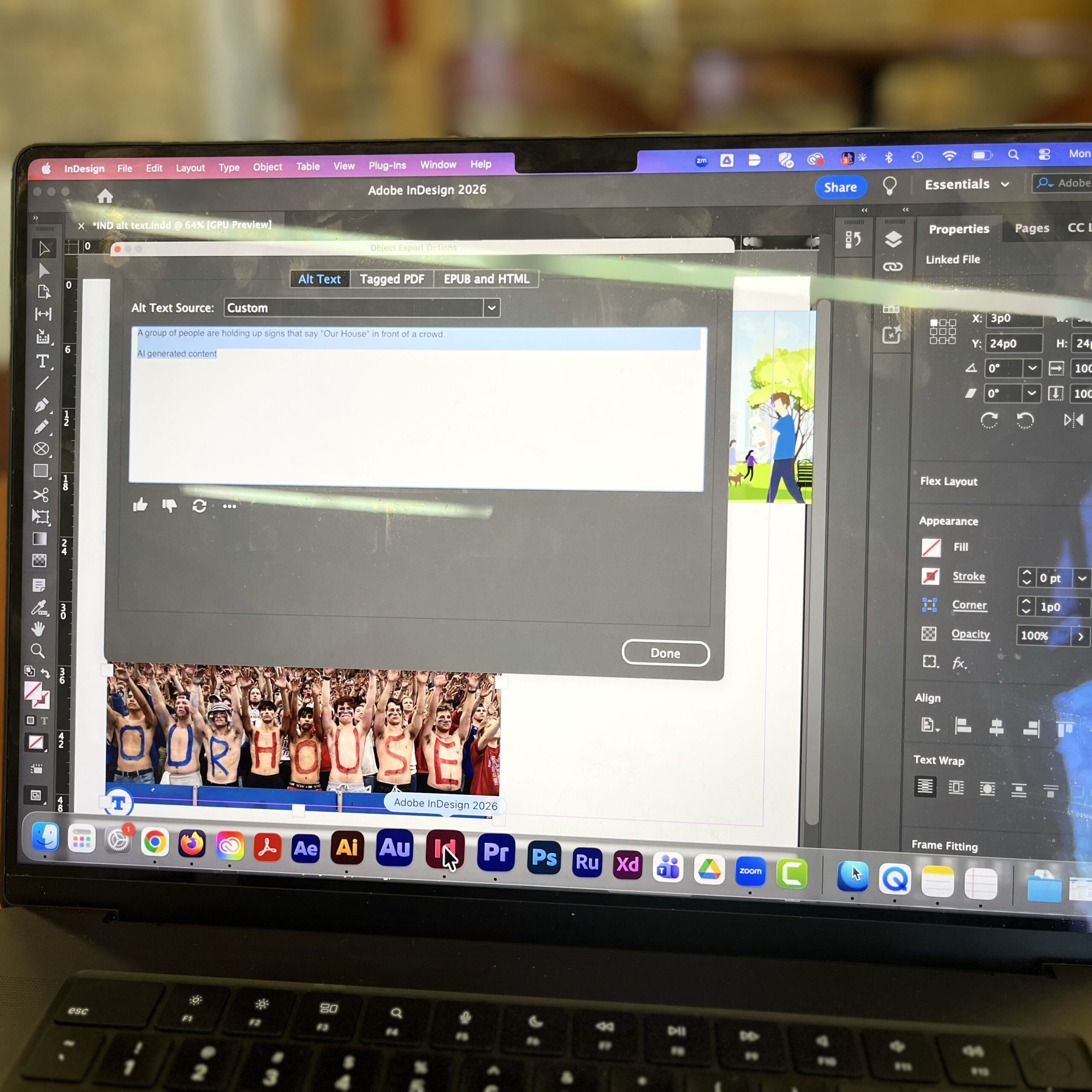 Image of InDesign with alt text on screen.