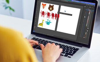 Image of woman working at table with laptop and screen showing Illustrator turntable.